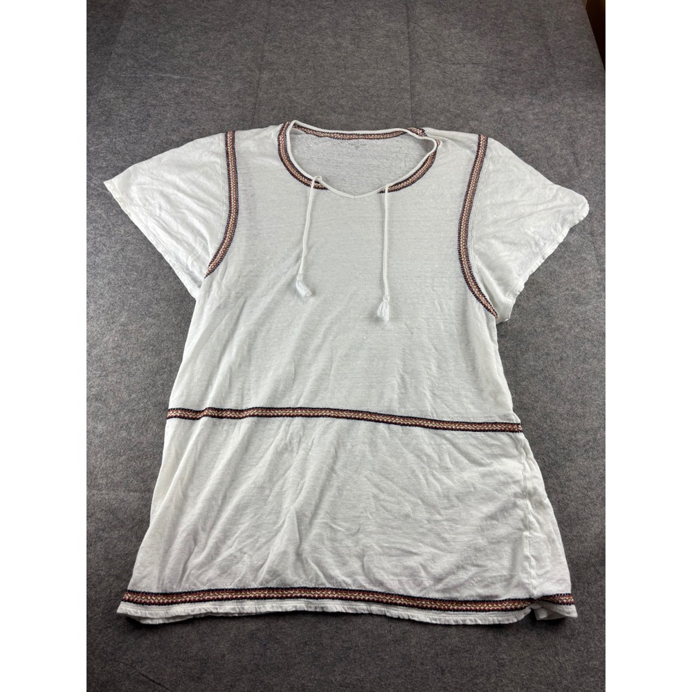 Garnet Hill Organic Linen Embroidered Tassel Tie Neck Top White XL Short Sleeve‎
